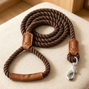 Braided Cotton Rope Dog Leash (with Genuine Leather Handle)