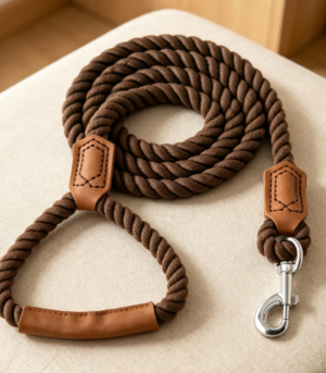 Braided Cotton Rope Dog Leash (with Genuine Leather Handle)