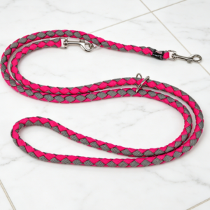 Pink-and-Grey Color-Block Braided Nylon Dual-Hook Leash