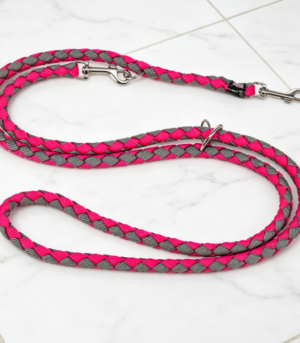 Pink-and-Grey Color-Block Braided Nylon Dual-Hook Leash