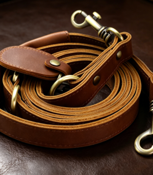 Durable Genuine Leather Dog Leash (with Padded Handle & Tracker Holder)